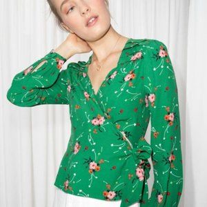 & Other Stories Green Floral Wrap Top